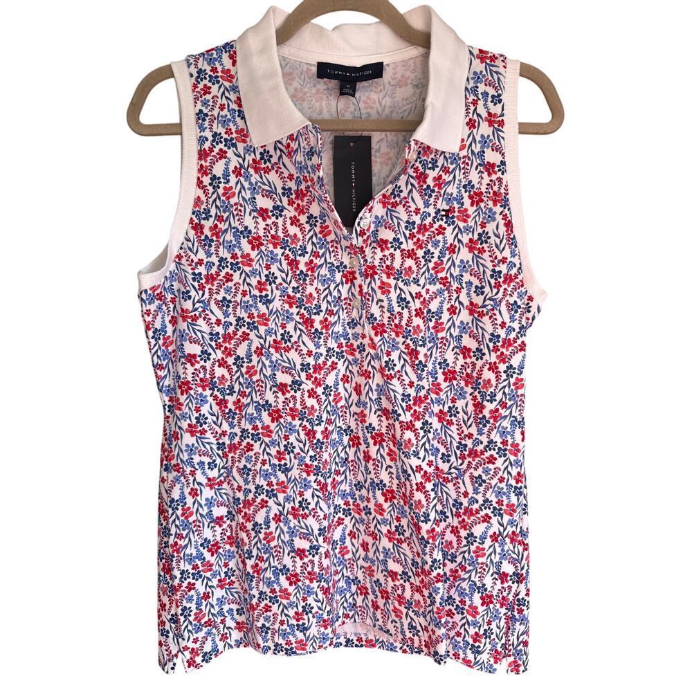 NWT | TOMMY HILFIGER Sz M Sleeveless w/collar Red White Blue Florals Top